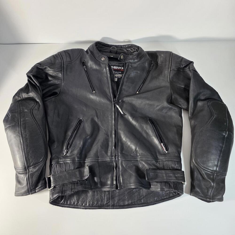 BRITISH DESIGNED RHINO BLACK COWHIDE LEATHER BIKER JACKET: SIZE 44 w/ Elbow Pads